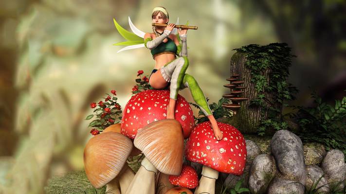 长笛,蘑菇,女孩,童话