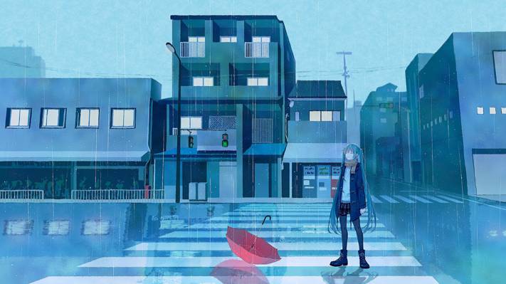 Vocaloid,红绿灯,女孩,路,初音未来,雨伞,雨