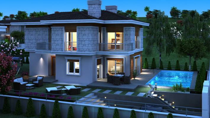 房子,3D图形,夜晚,照片,豪宅,游泳池,设计