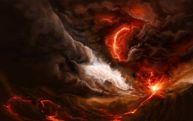 山,火山,云,闪电,艺术,风暴,烟雾,风暴,喷发,熔岩,火
