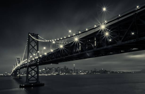 桥,旧金山,加利福尼亚州,城市,灯,海湾大桥,晚上,旧金山,加州