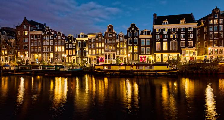 天空,自行车,家,灯,阿姆斯特丹,荷兰,晚上,通道,灯光,河流