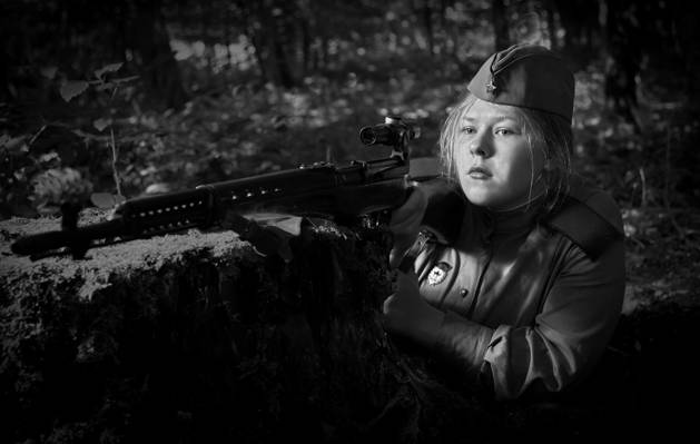 狙击手,卫兵,照片,第二世界,光学,女孩,二战,“光”,黑色和白色,SVT-40,战争