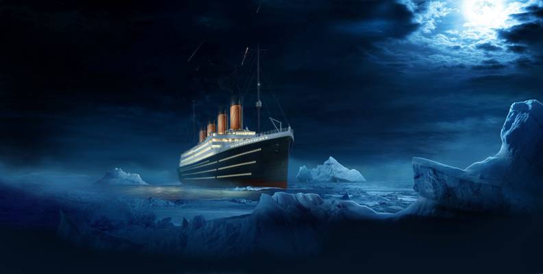 泰坦尼克号,结束,泰坦尼克号,水,云,夜,船,冰山,衬板