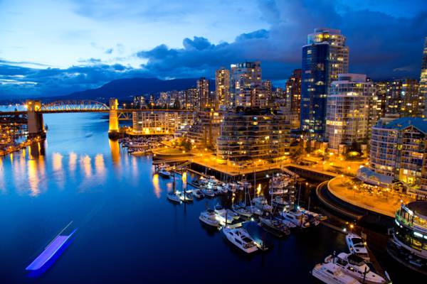 桥,反射,灯,船,水,晚上,码头,温哥华,建筑,加拿大