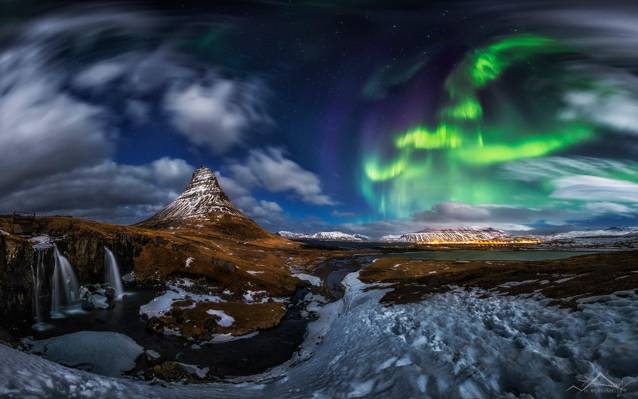火山,山,Kirkjufell,雪,瀑布,北极光,全景,晚上,冰岛,岩石,星星,云