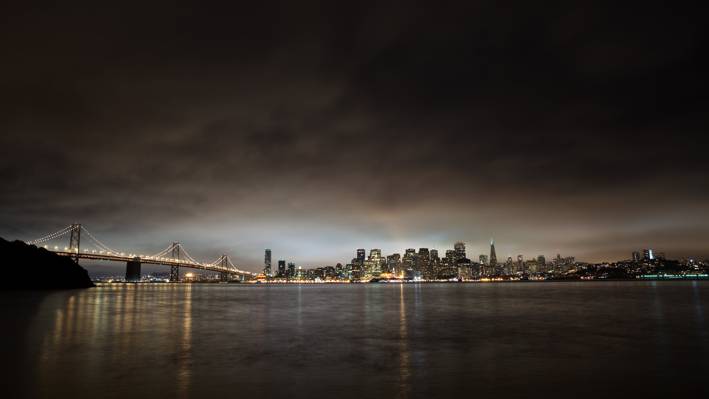 城市景观图片布鲁克林大桥在夜间,旧金山高清壁纸