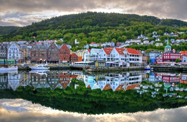 反射,国家,街道,家,城市,小船,码头,挪威,河,卑尔根