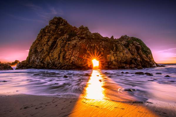美国,石头,加州,岩石,黎明,太阳的光线,海,海滩,大苏尔,拱,...
