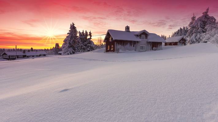 壁纸美女,雪,自然,冬天,黎明,利勒哈默尔,房​​子,挪威,太阳,风景