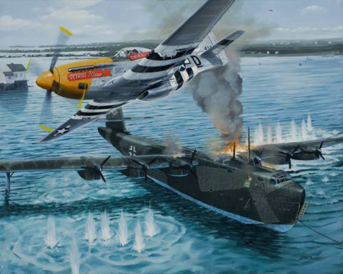 P 51 D mustang, ww2, Voss Bv 222 "Wiking", painting, attack, war, art