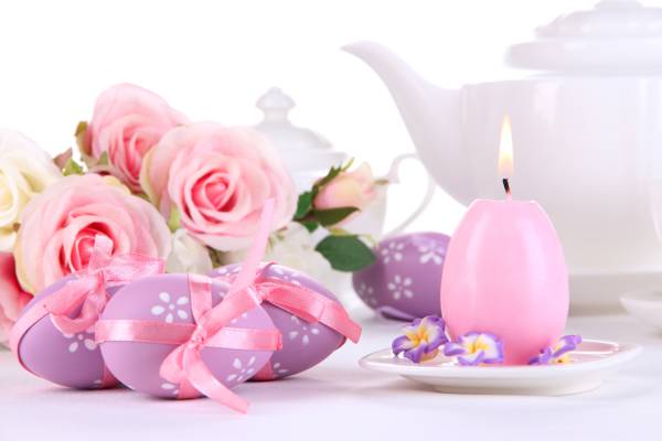 鲜花,假日,玫瑰,复活节,鸡蛋,蜡烛,复活节,粉红色,春天