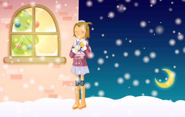 女孩,雪,礼物,冬天,树,圣诞节,霜,舒适,街,新的一年,梦想