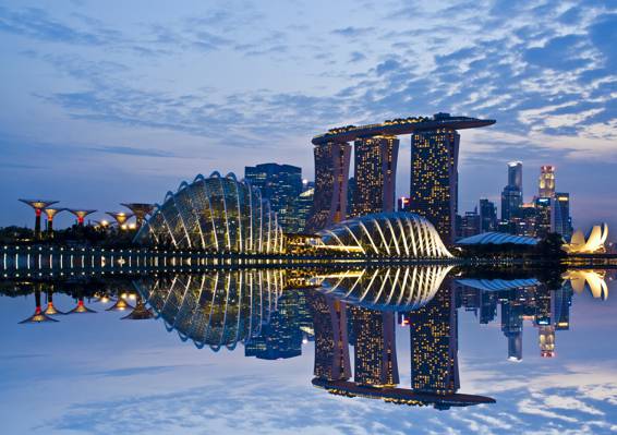 连城,摩天大楼,反射,建筑,湾,灯,灯,反射,晚上,新加坡,天空,云,背光,云,...  - 