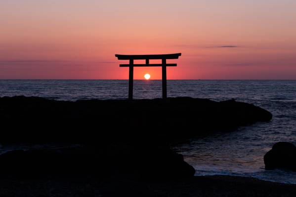 拱,海岸,日本,鸟居,晚上,橙色,岩石,海洋,太阳,天空,地平线,...