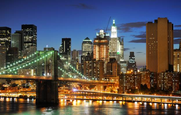 摩天大楼,布鲁克林大桥,布鲁克林大桥,纽约市,纽约市,纽约,灯,晚上,美国