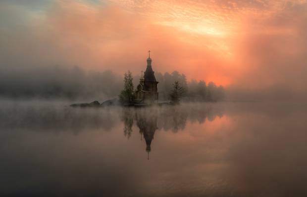 俄罗斯,阴霾,教堂,雾,河,Vuoksa