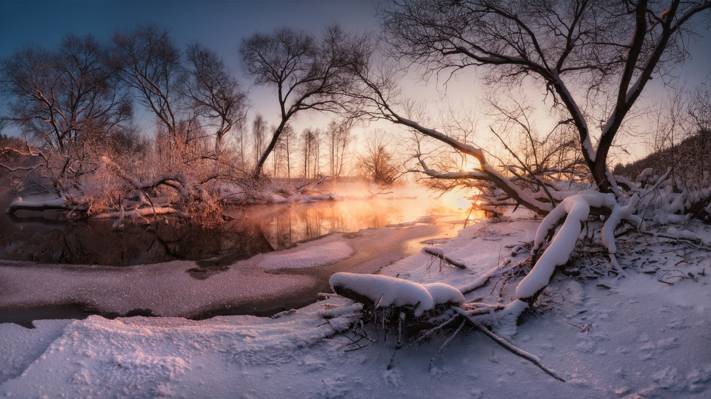 日落,河,冬天