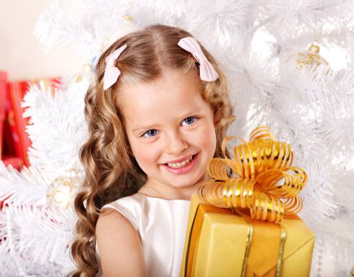 女孩,新年,假期,礼物,儿童,孩子,微笑,弓,卷发,新年,圣诞节,树,圣诞节