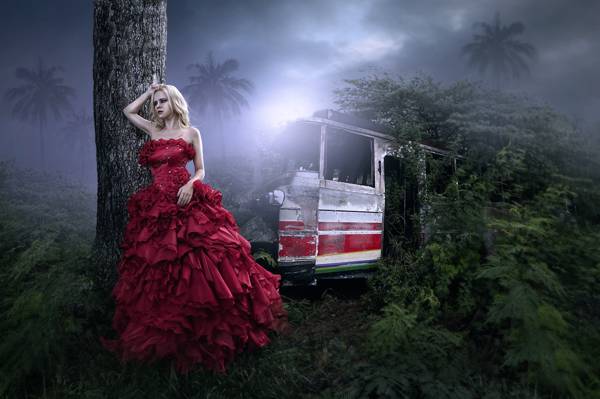 女孩,在红色,艺术,幻想,巴士,丛林