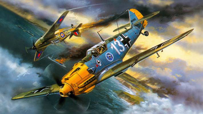 战争,英国单座战斗机,单引擎活塞战斗机低,艺术,梅塞施米特,阿道夫·约瑟夫费迪南德·加兰,Bf-109E-3,阿道夫...