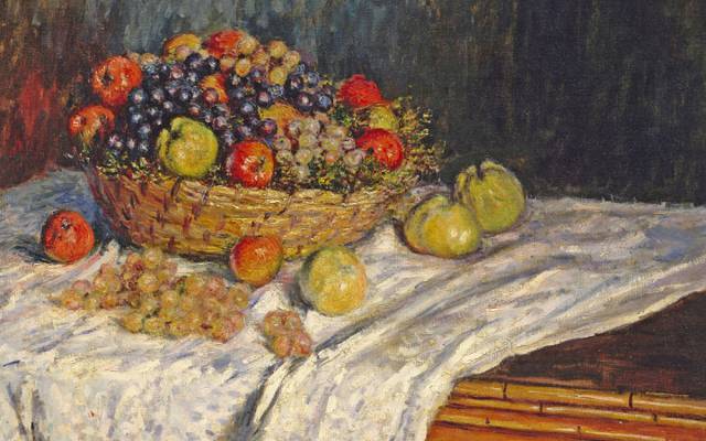克劳德·莫奈,图片,桌布,静物与苹果和葡萄,表