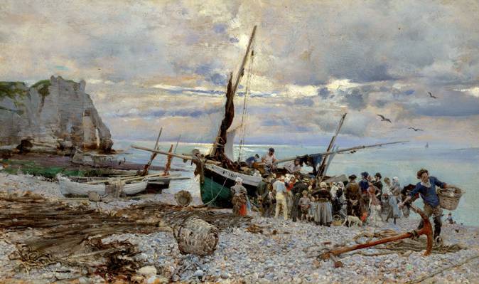 图片,Giovanni Boldini,Étretat,渔船返回,岸边,人,海,岩石,海景