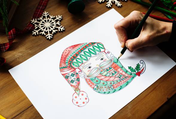 壁纸圣诞老人,雪花,雪花,铅笔,新年,丝带,图,新的一年,圣诞老人,丝带,绘图,...