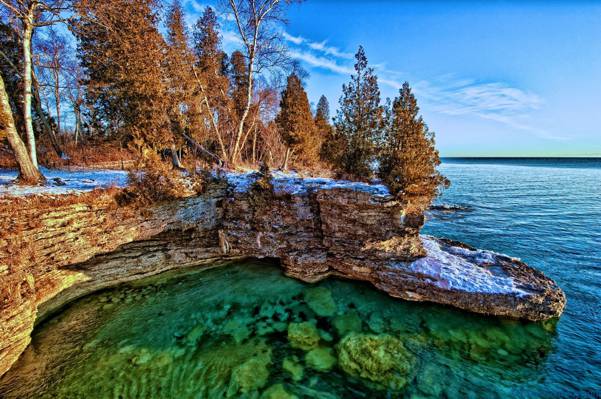 密歇根湖,树木,岸边,密歇根湖,岩石
