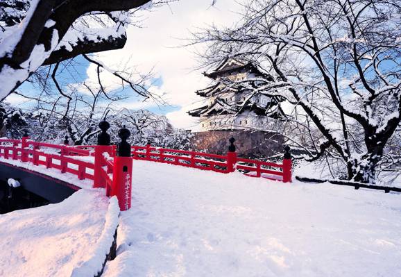 雪,桥,冬天,树木,日本的Glenn Watersぐれん,日本的城市,弘前,日本的城堡,...