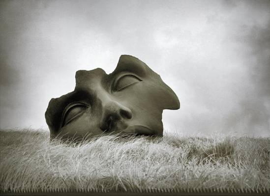 在草地上的人脸雕塑高清壁纸