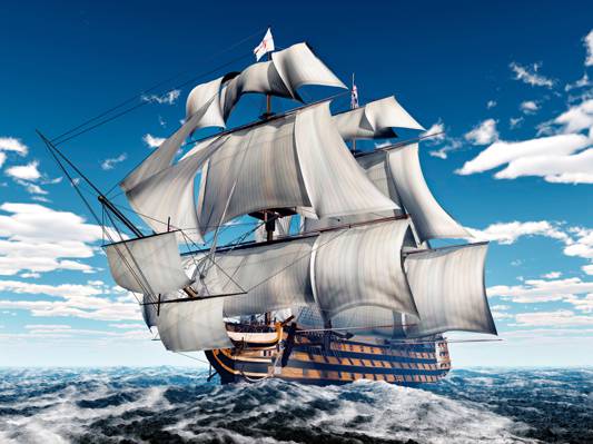 船,3D图形,帆船,海,波浪,帆,天空,云,桅杆