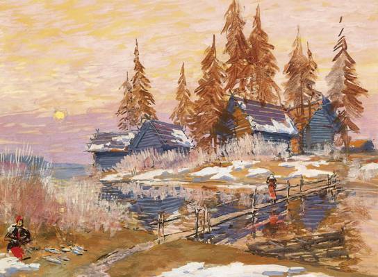村,图片,康斯坦丁Korovin,桥,晚冬,树,景观