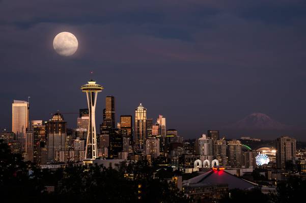 太空针塔夜间全景摄影,西雅图高清壁纸