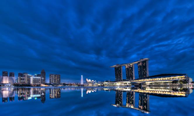 摩天大楼,反射,megapolis,建筑,湾,灯,灯,反射,晚上,夜,新加坡,云,背光,云,摩天大楼,...