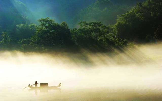 中国,小船,雾,丛林,河,湖南省