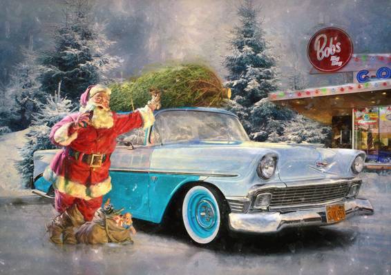 复古,圣诞老人,礼物,假期,雪,冬天,车,圣诞老人