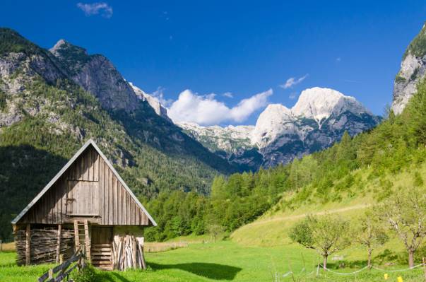 在白天,斯洛文尼亚高清壁纸山边附近的木房子