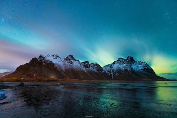 天空,山脉,北极光,岸边,沙滩,Vestrahorn,夜晚,冰岛,Stokksnes,星星,冰