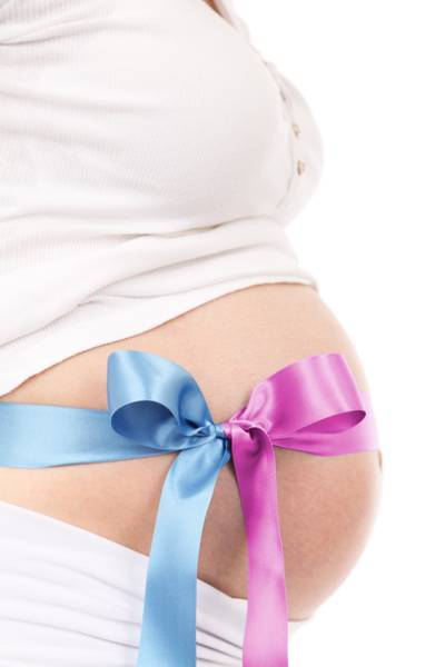 怀孕的女人与粉红色和蓝色鞠躬肚皮高清壁纸