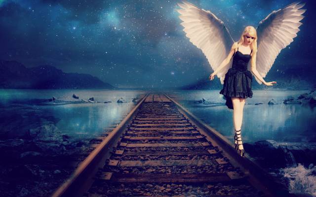 翅膀,天使,黑色,女孩,星星,天空,铁路,礼服