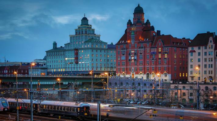 火车,家,斯德哥尔摩,瑞典,灯,晚上,铁路,灯,建筑