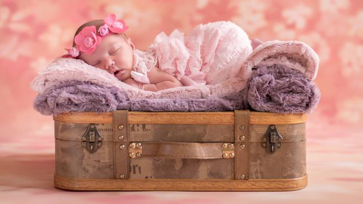 女孩,花圈,睡觉,婴儿,睡眠,手提箱