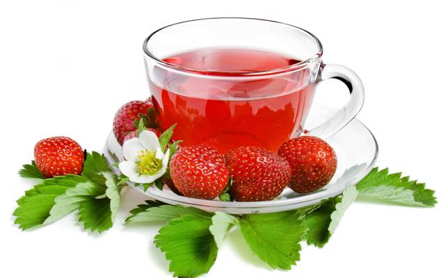 草莓,茶,杯,茶,叶子,飞碟,白色背景,草莓,浆果