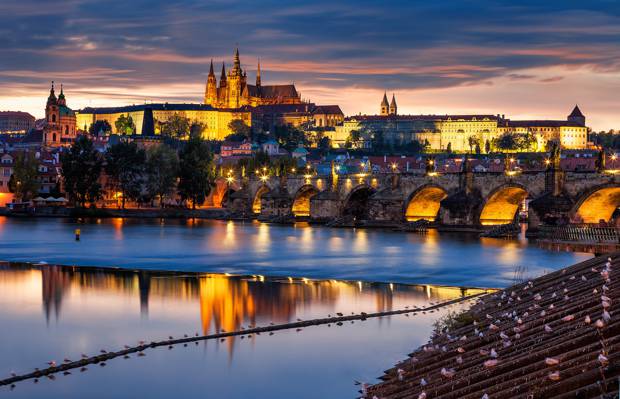 布拉格,桥梁,建筑,伏尔塔瓦河,城市,捷克共和国,晚上,布拉格,捷克共和国,布拉格,...
