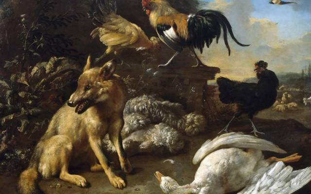 图片,Melchior de Hondecoeter,与狐狸静物和杀死她的鹅,流派,动物