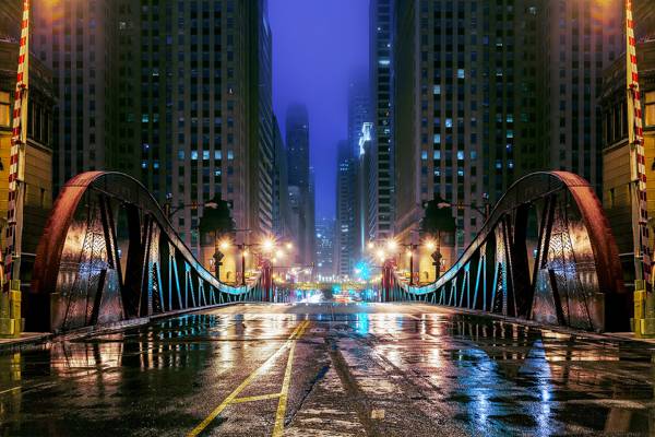 摩天大楼,路,城市,灯,晚上,水,晚上,建筑,芝加哥,桥,反射,芝加哥,伊利诺伊州,...