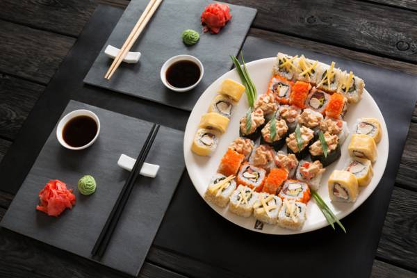 寿司,寿司,卷,酱,芥末,姜,套,日本料理,棍棒