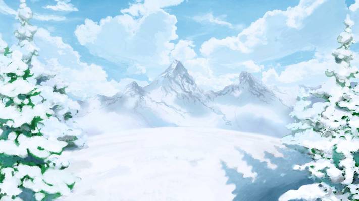 雪,艺术,冬天,山,树,云