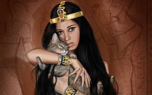 猫,女王,埃及人,女孩,艺术,埃及,装饰